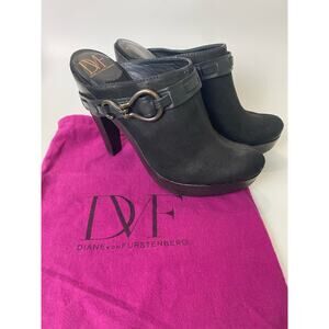 Diane von Furstenburg DVF Platform Chunky Y2K Clog HeelShoes Black Suede Vamp 10